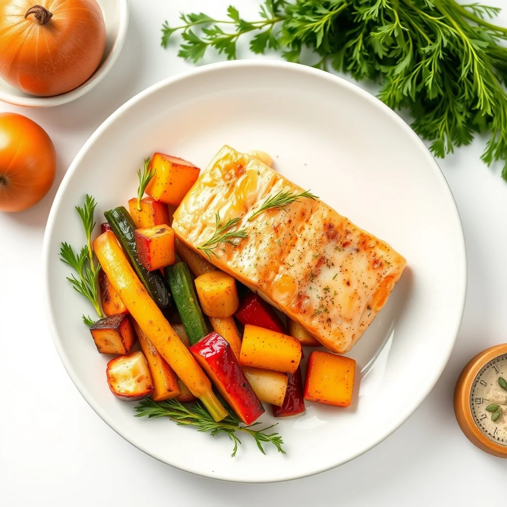 Buttery Dill Delight Salmon & Rainbow Roasted Veggies: A Delicious and Nutritious Meal