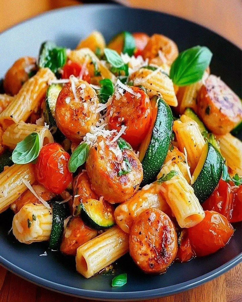 Chicken Sausages with Zucchini, Tomatoes & Pasta Recipe