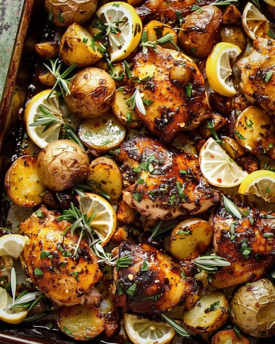 Lemon-Balsamic Chicken and Potatoes with Tzatziki-Feta Sauce