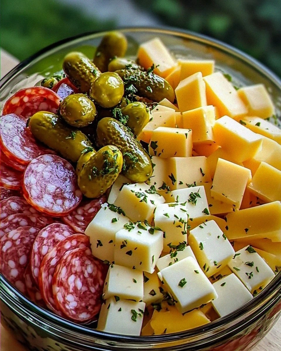 Marinated Cheese Appetizer with Salami & Pickles