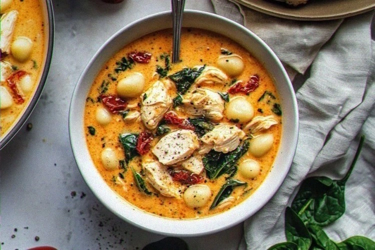Marry me chicken soup with sun-dried tomatoes,fresh spinach, and potato gnocchi