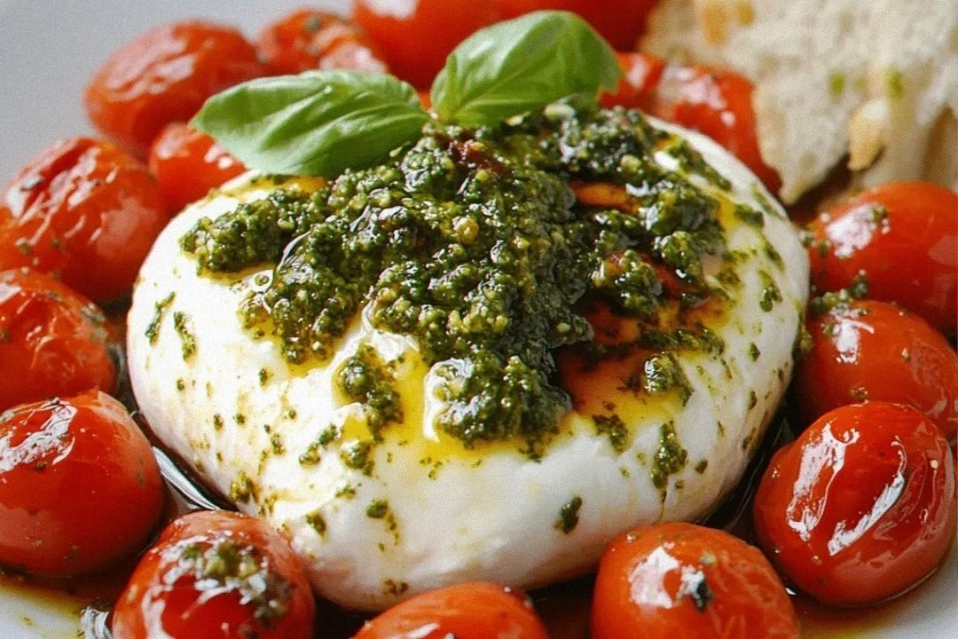 Pesto Burrata Appetizer Topped with Juicy Roasted Tomatoes