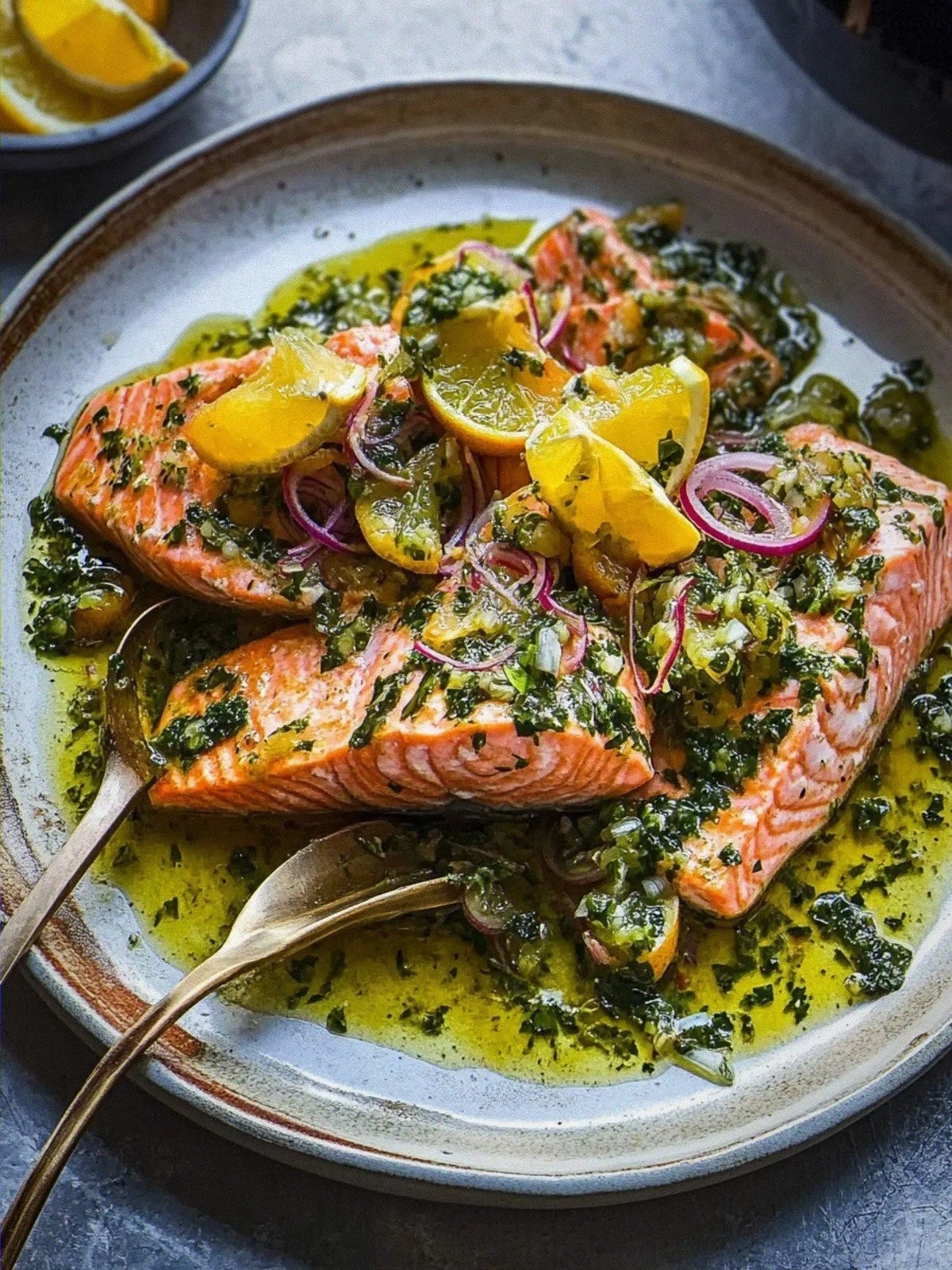 Savory Slow Roasted Salmon with Citrus Salsa Verde Delight