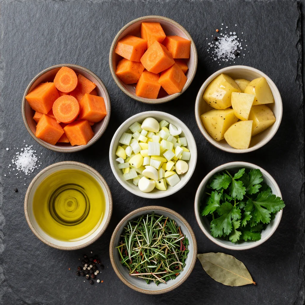 Ingredients for batch cook garlic and herb root vegetable stew for family meals