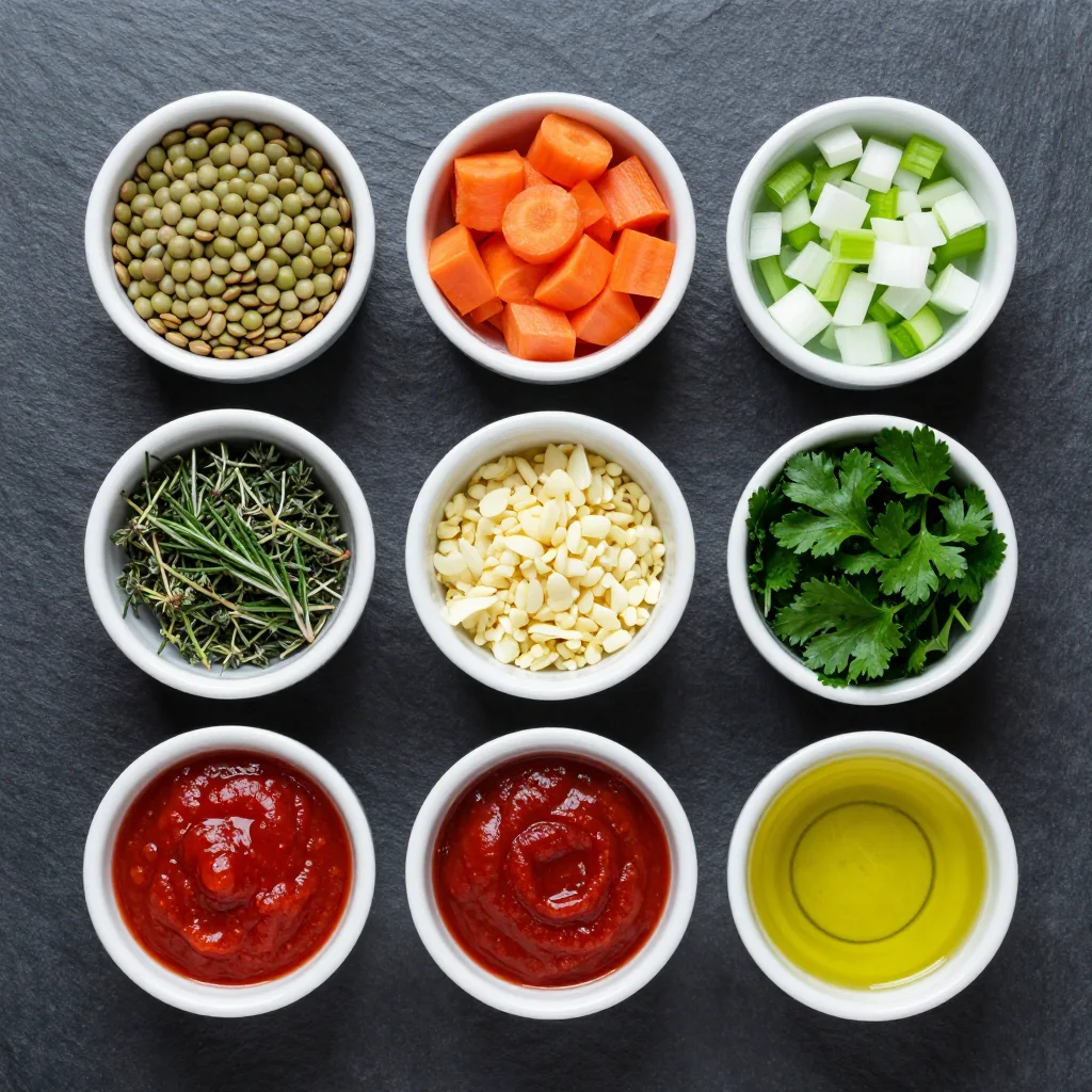 Ingredients for batch cook hearty lentil and carrot stew with fresh winter herbs