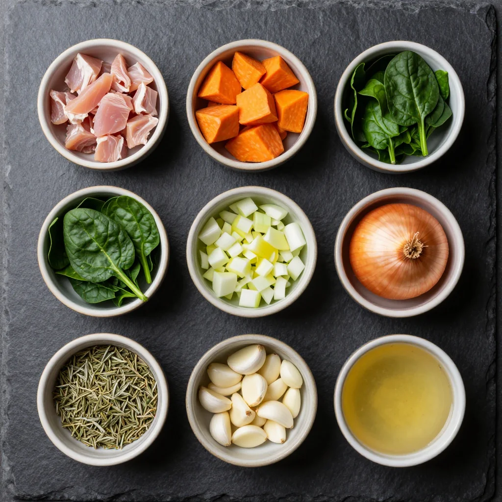 Ingredients for batch cooked slow cooker turkey sweet potato and spinach stew
