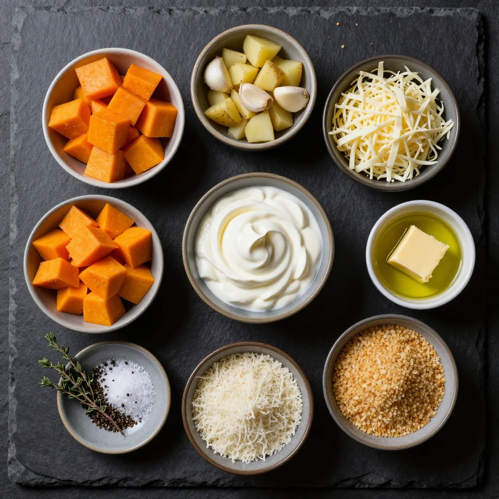 Ingredients for budget friendly roasted winter squash and potato gratin with garlic
