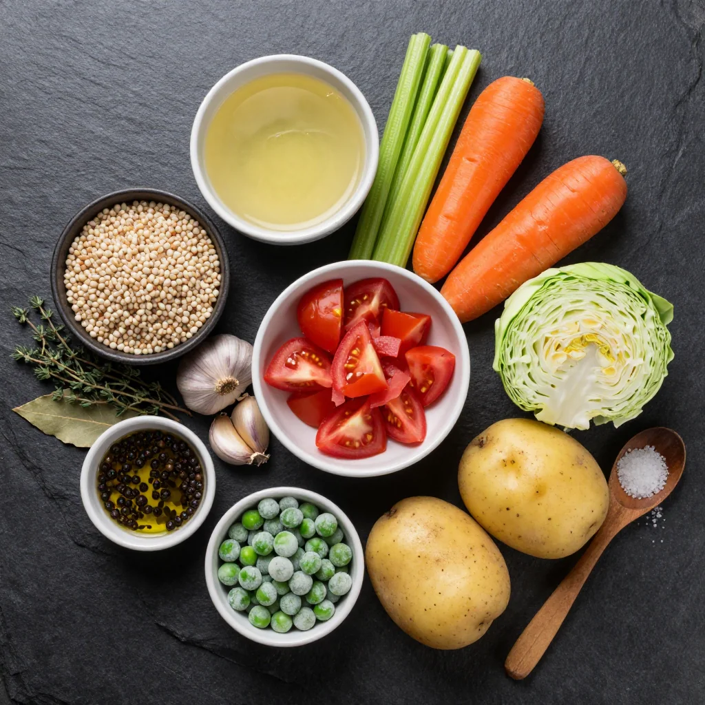 Ingredients for budget-friendly slow-cooker vegetable and barley stew for cozy evenings