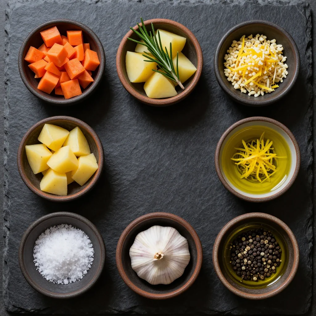 Ingredients for cozy roasted carrot and potato casserole with lemon and rosemary