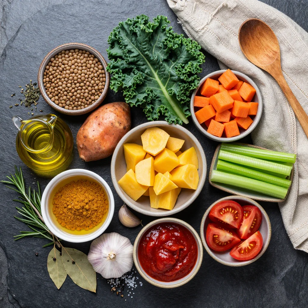 Ingredients for cozy slow cooker lentil and kale stew with root vegetables for winter