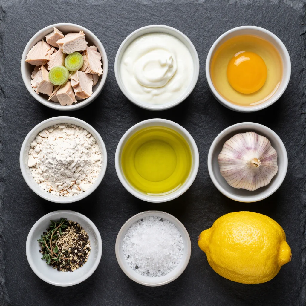 Fresh chicken breast, leeks, Greek yogurt, and whole wheat flour arranged on a wooden board