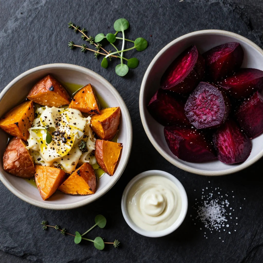 Ingredients for creamy garlic roasted sweet potato and beet medley for january suppers