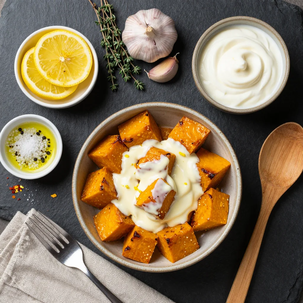 Ingredients for creamy lemon garlic roasted winter squash for healthy january meals