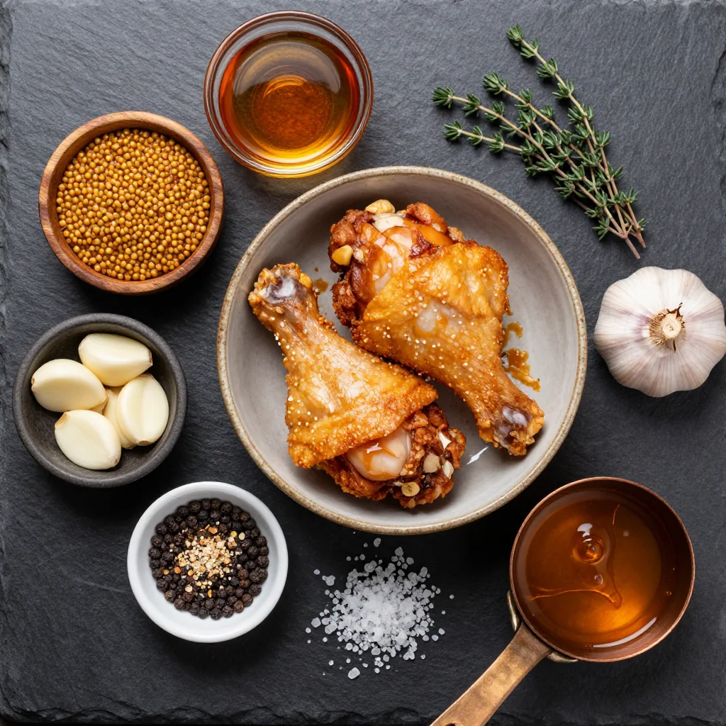 Ingredients for crispy chicken thighs with maple mustard glaze