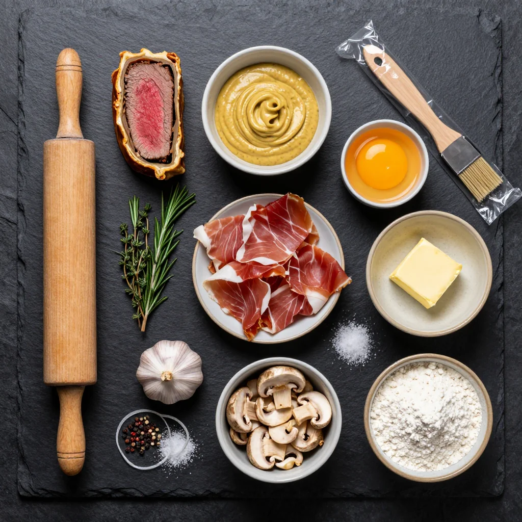 Ingredients for festive beef wellington with mushroom duxelles for special occasion dinners