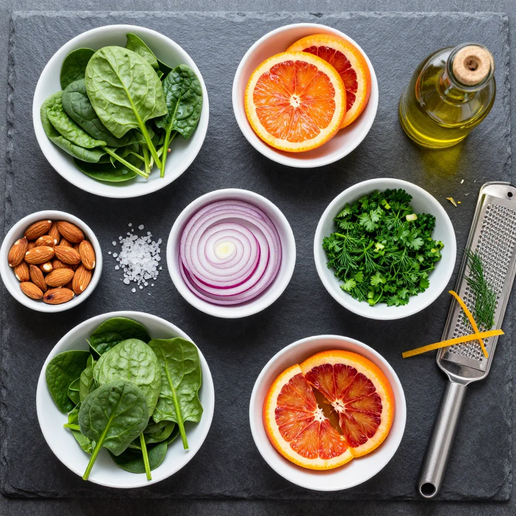 Ingredients for healthy citrus and herb salad with oranges and spinach for cold days
