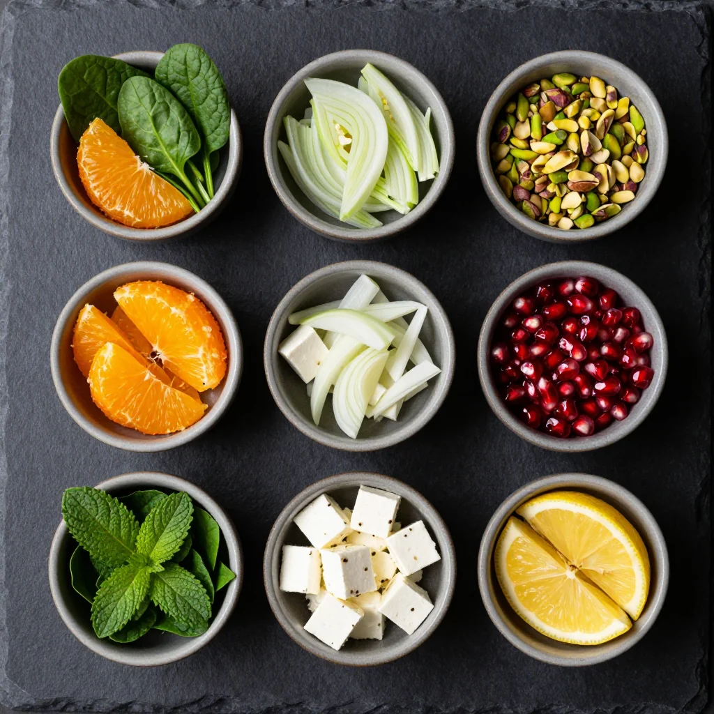 Ingredients for healthy citrus and herb salad with oranges and spinach for new years reset
