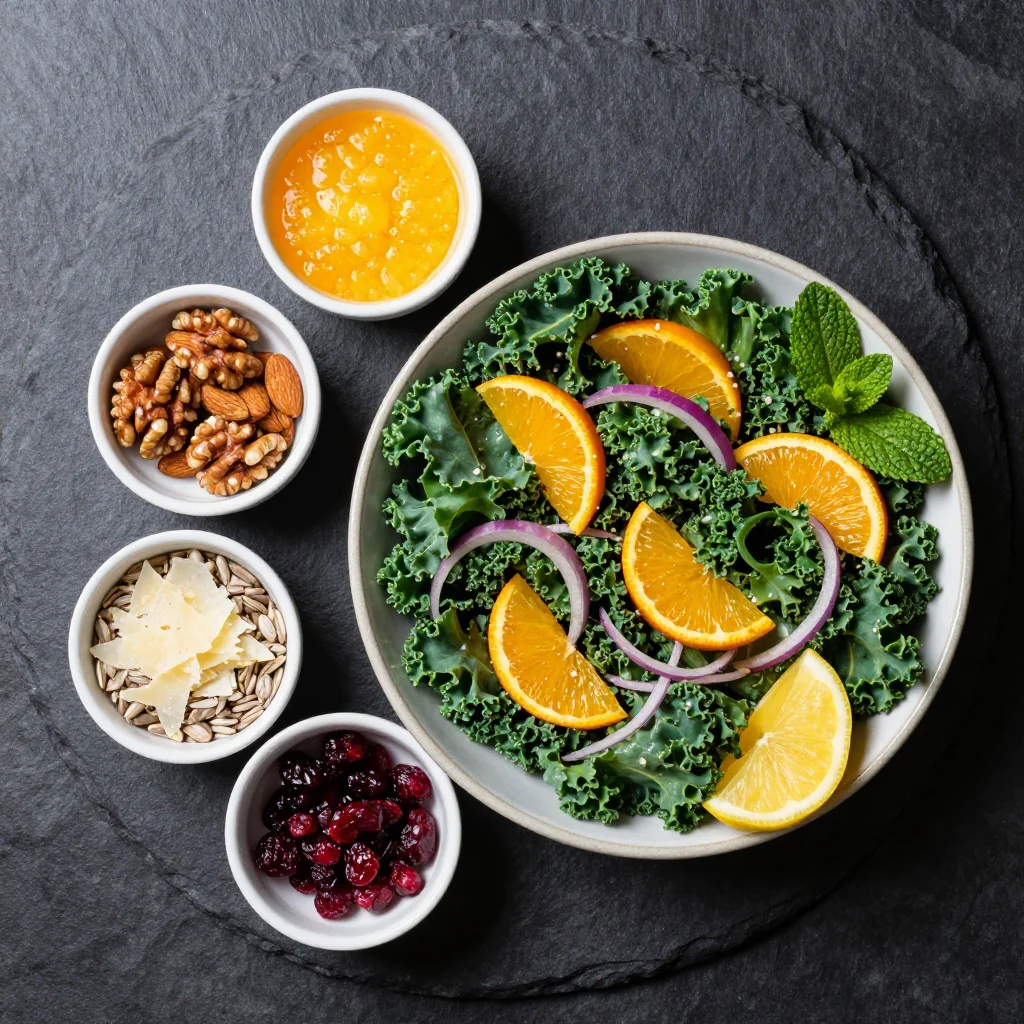 Ingredients for healthy citrus kale salad with oranges and toasted nuts for lunch