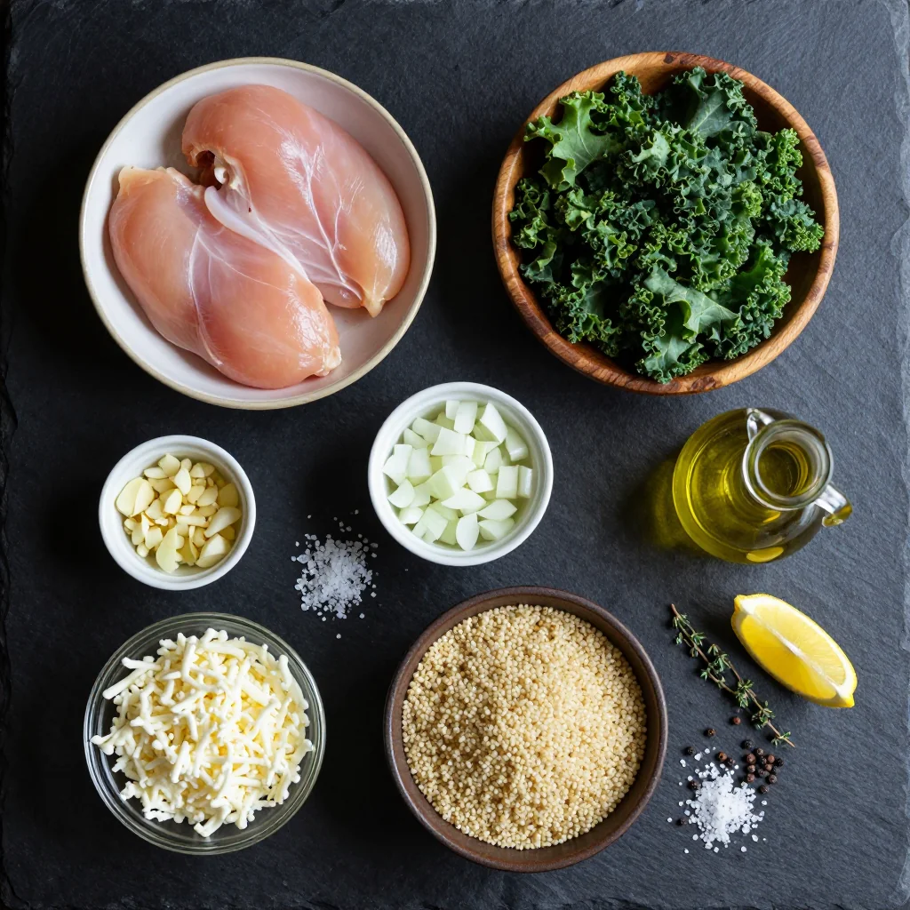 Ingredients for healthy clean-eating chicken and kale casserole for January suppers