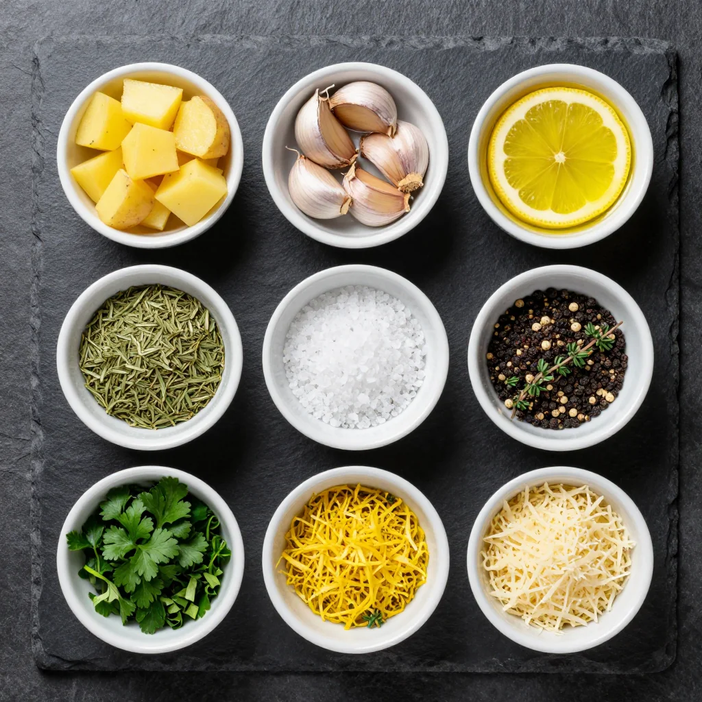 Ingredients for healthy lemon and garlic roasted potato bake for family suppers