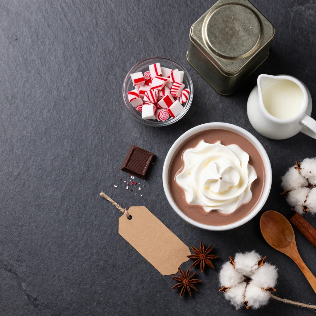 Ingredients for homemade hot cocoa mix with peppermint and whipped cream topping