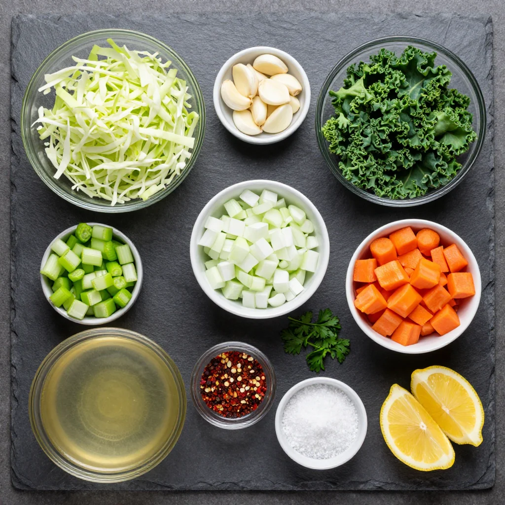 Ingredients for lowcalorie cabbage and kale soup with garlic for family suppers