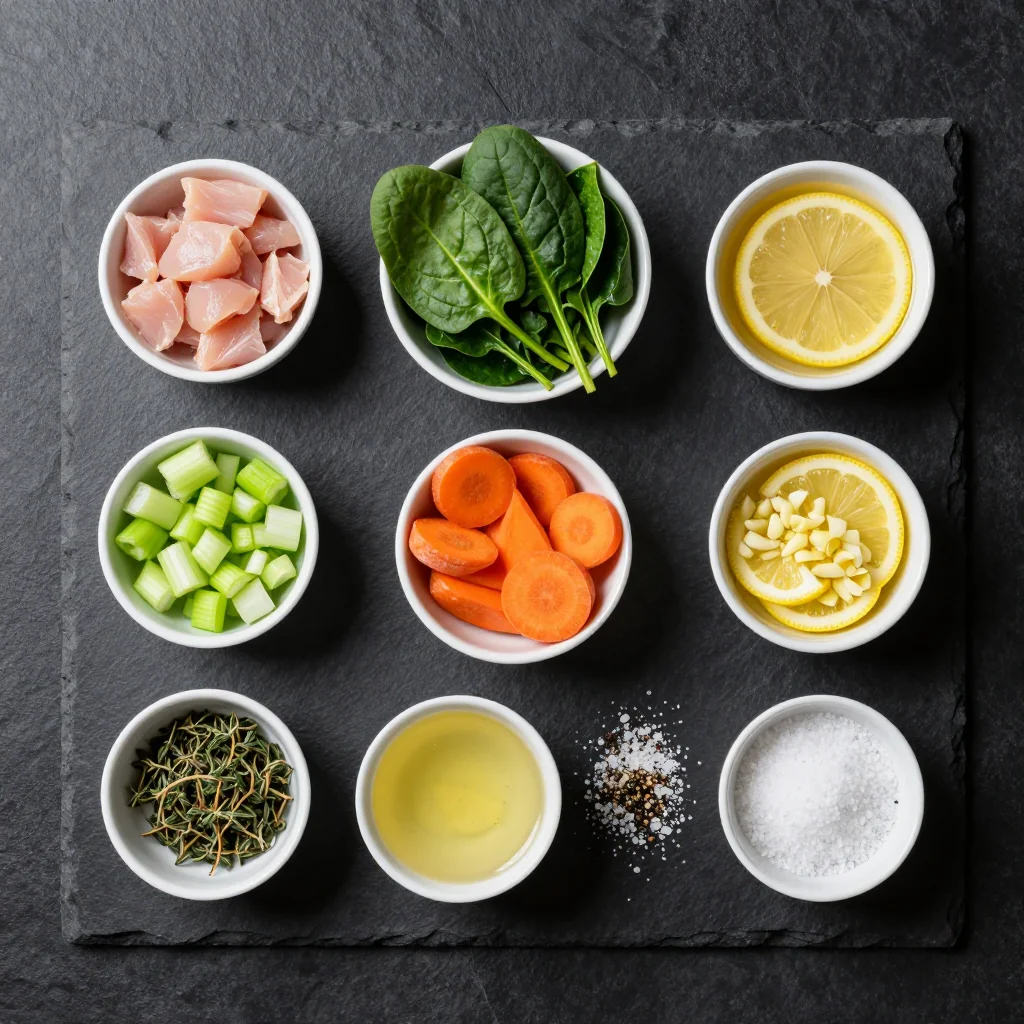 Ingredients for low-calorie lemon & spinach chicken soup