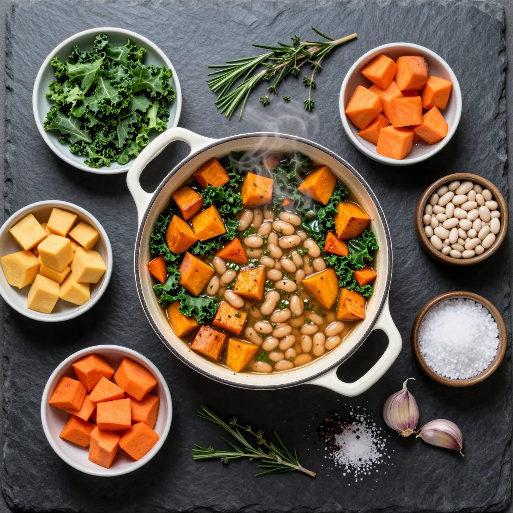 Ingredients for one pot winter vegetable casserole with kale and sweet potatoes