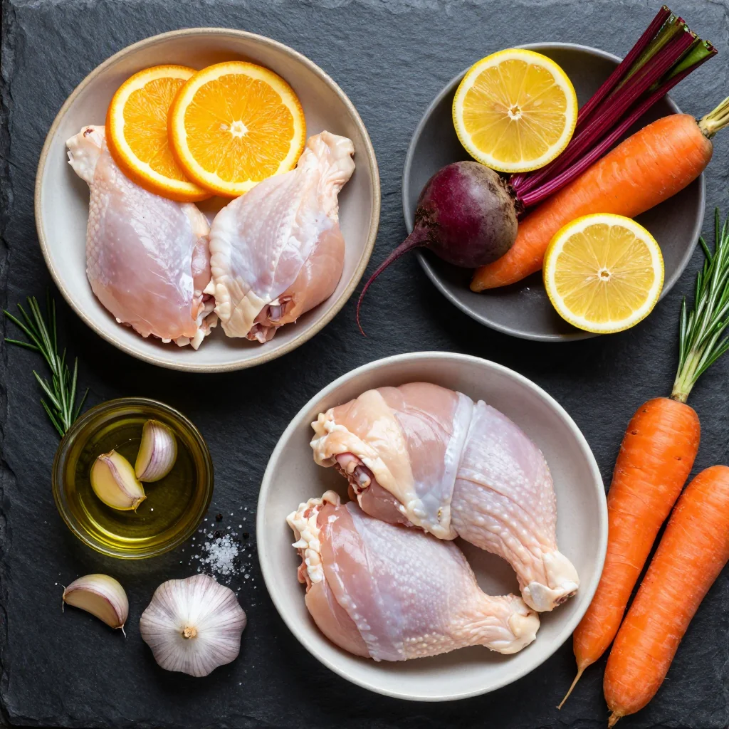 Ingredients for onepan citrus chicken with roasted beets and carrots for meal prep