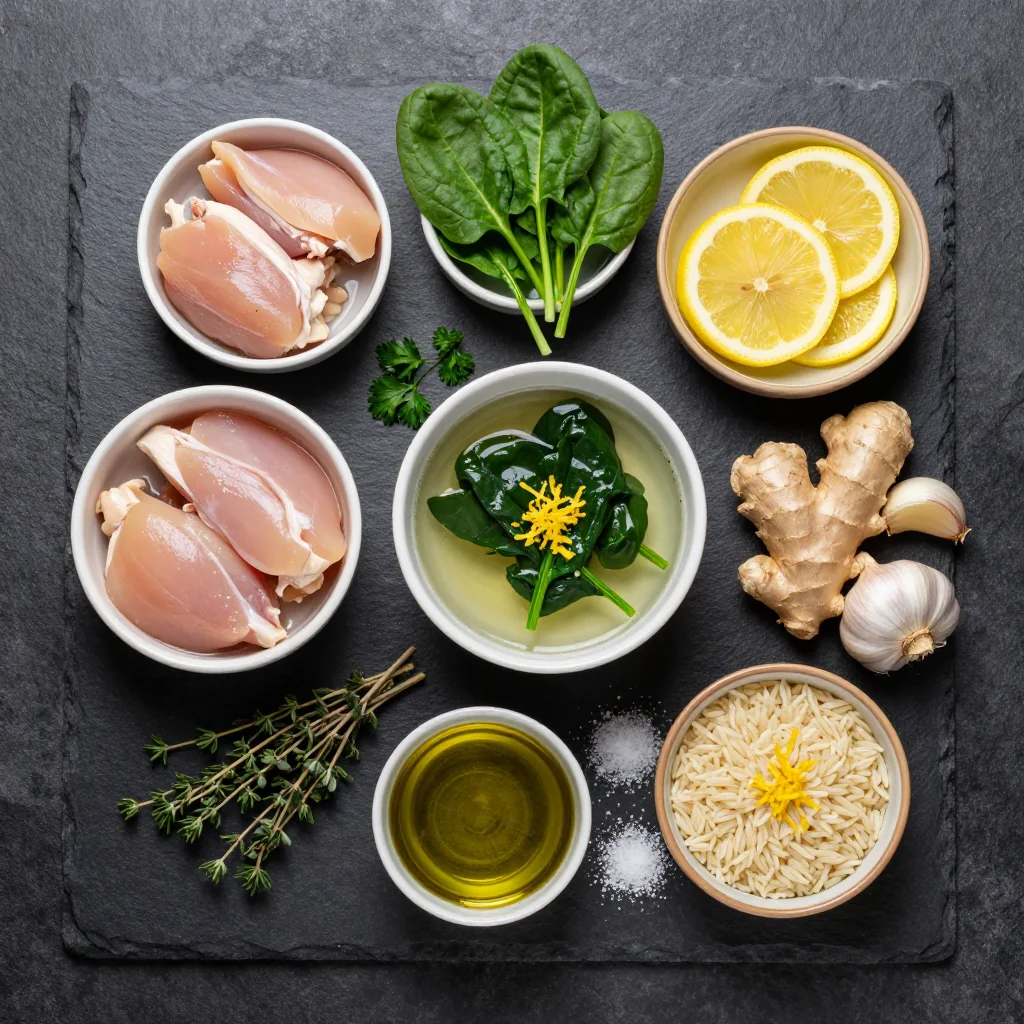 Ingredients for onepot lemon chicken and spinach soup for nourishing winter meals