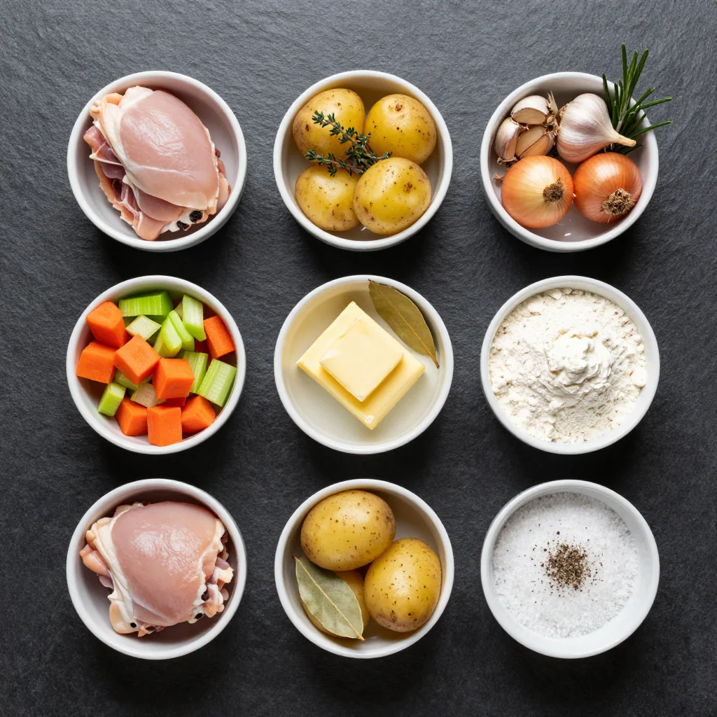 Ingredients for rich chicken and root vegetable casserole for cold winter nights