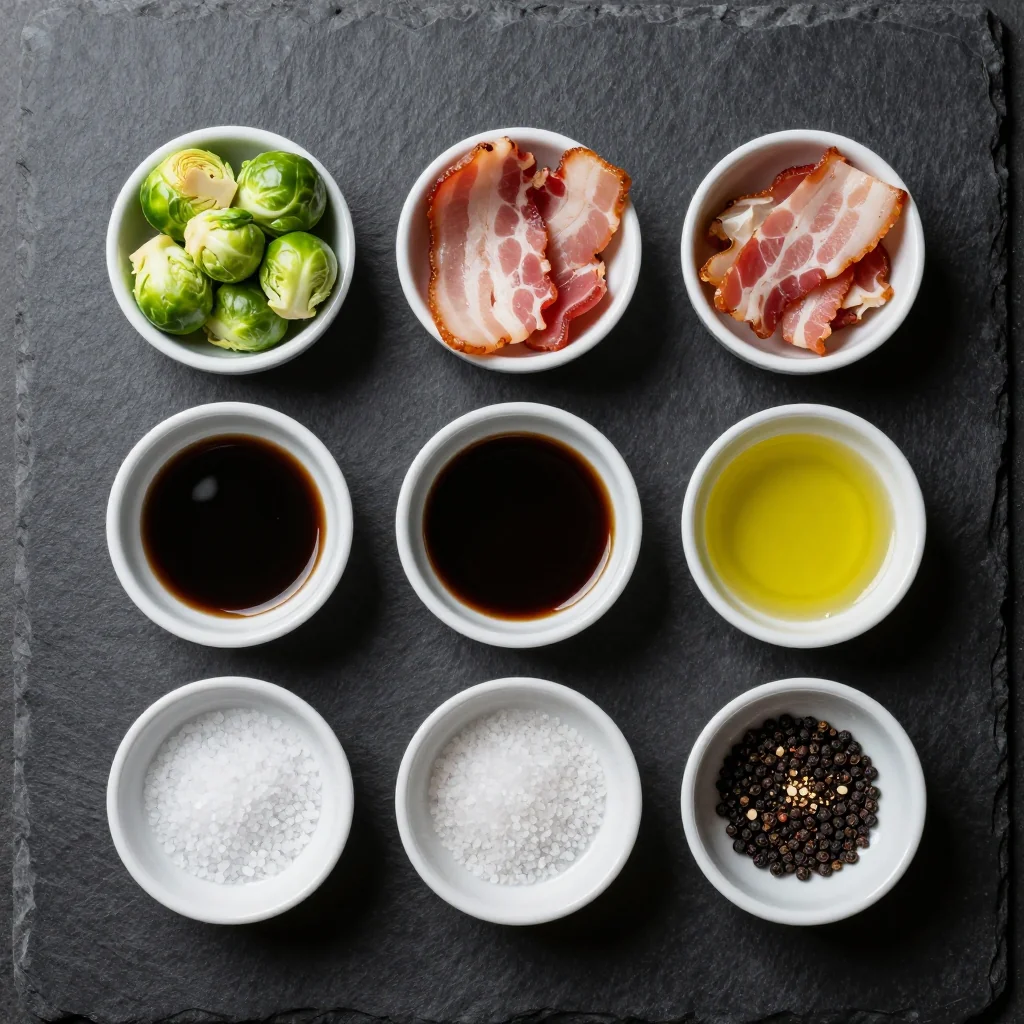 Ingredients for roasted brussels sprouts with bacon and balsamic glaze for holidays