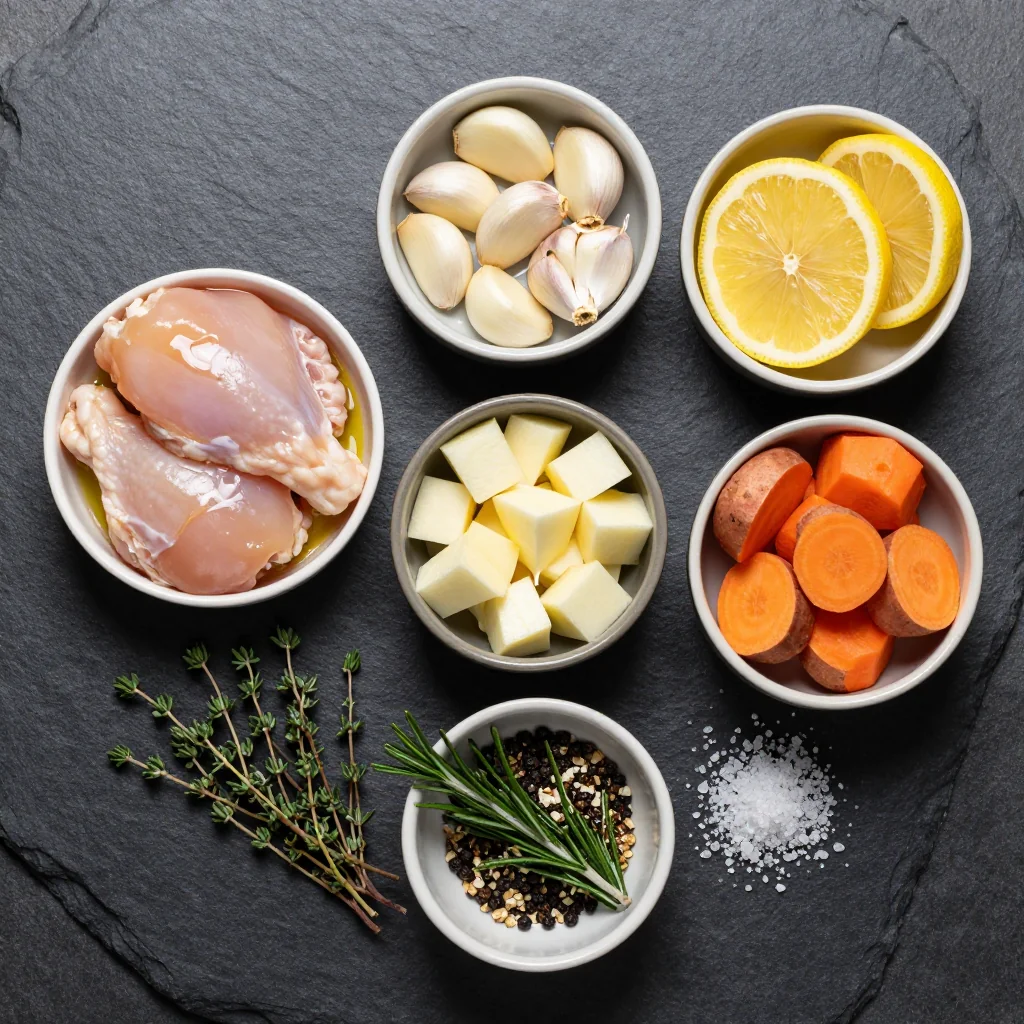 Ingredients for roasted lemon and garlic chicken with winter root vegetables for meal prep