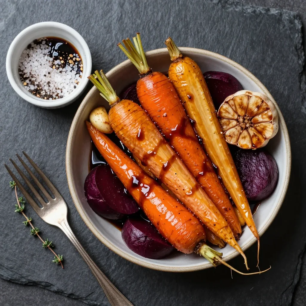Ingredients for roasted root vegetable medley with garlic and balsamic for winter dinners