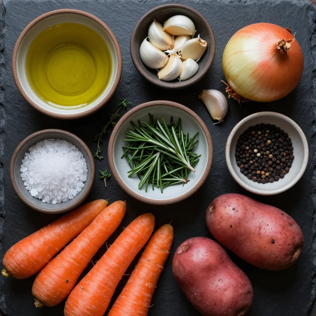 Ingredients for savory herb and garlic roasted root vegetables for cozy family meals
