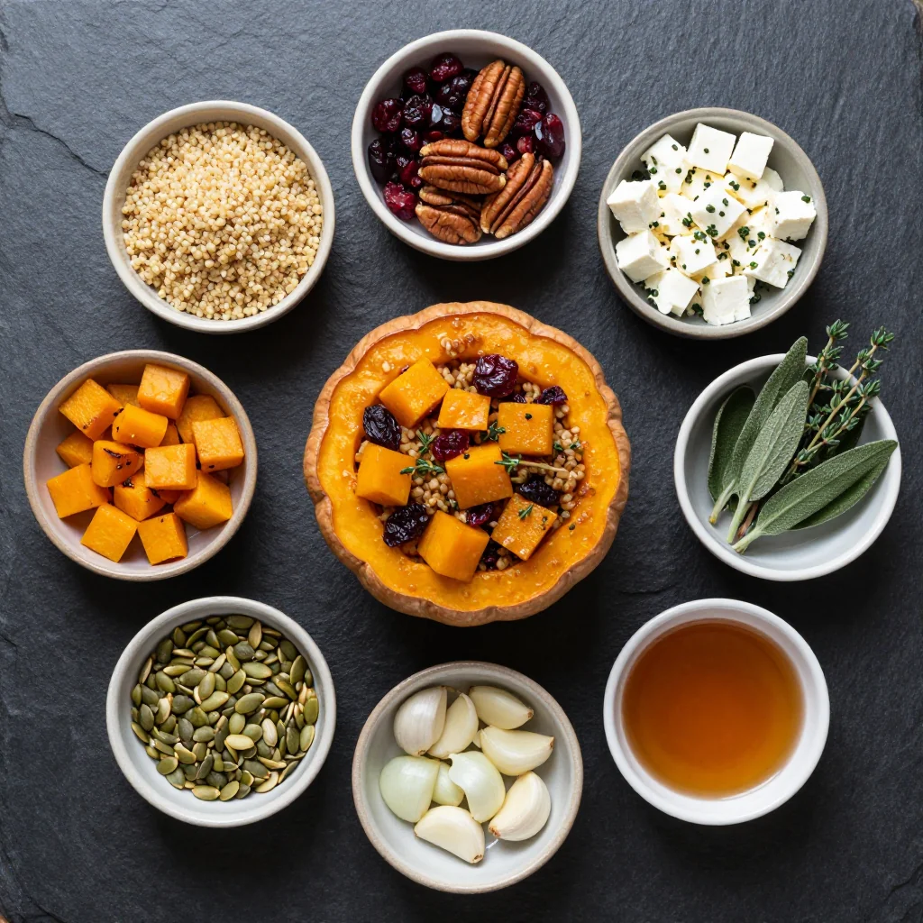 Ingredients for savory stuffed acorn squash with quinoa and cranberries for winter