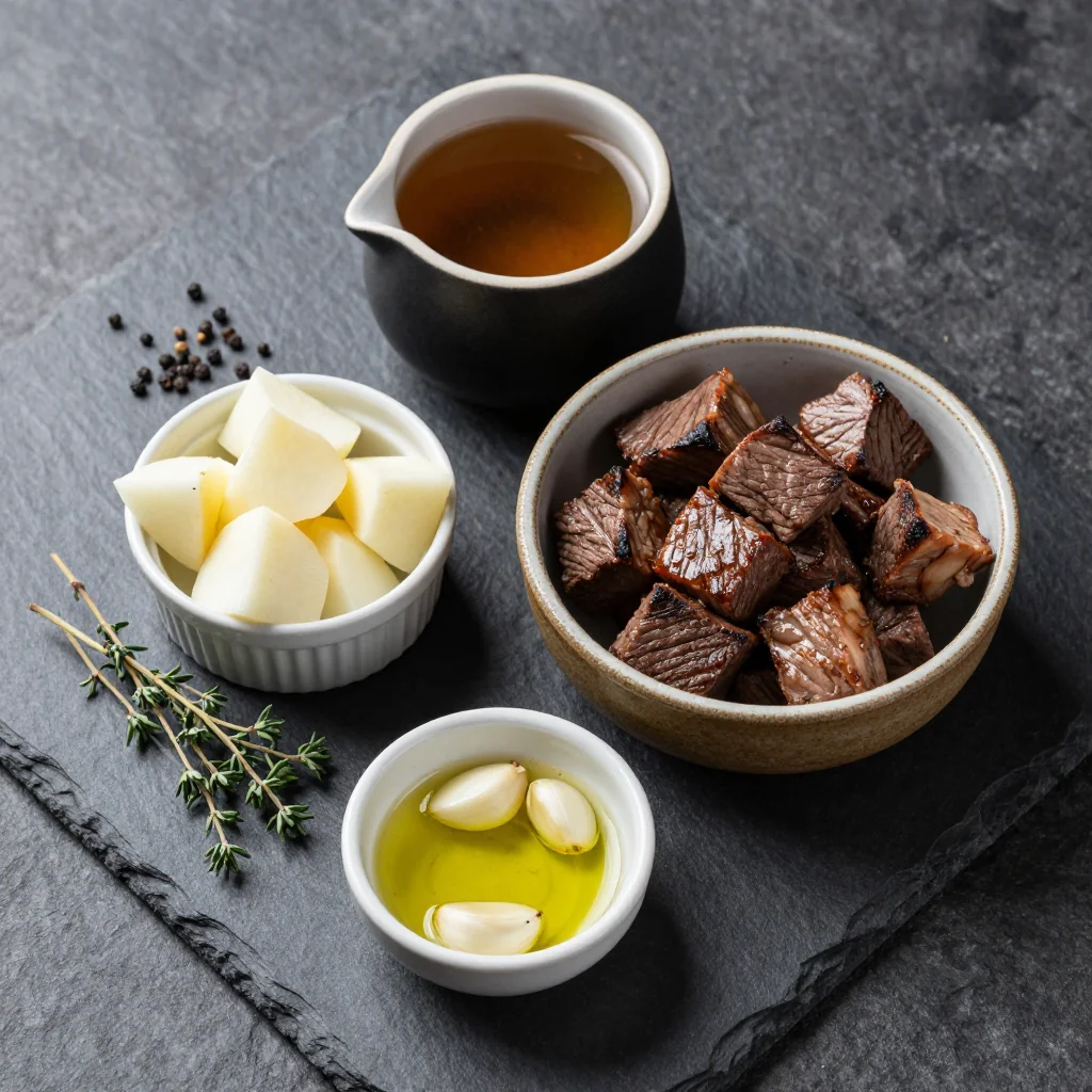 Ingredients for slow cooker beef and turnip stew with garlic and fresh thyme