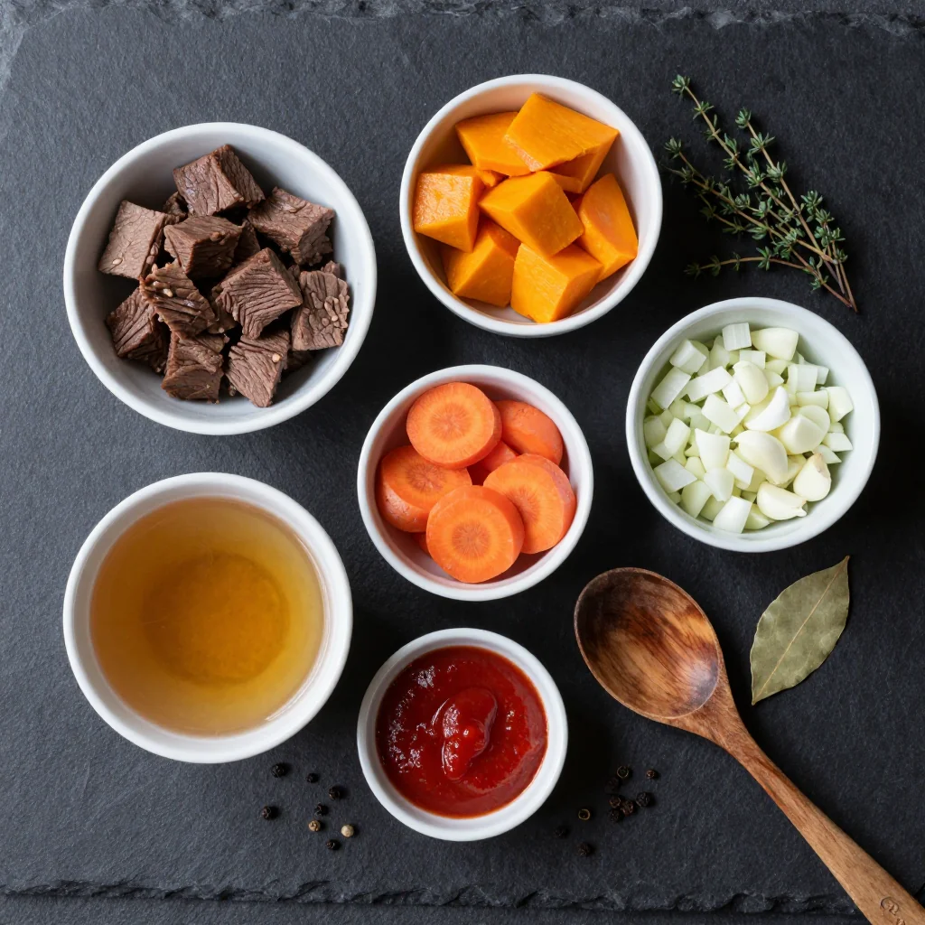 Ingredients for slow cooker beef and winter squash stew with garlic for comforting dinners