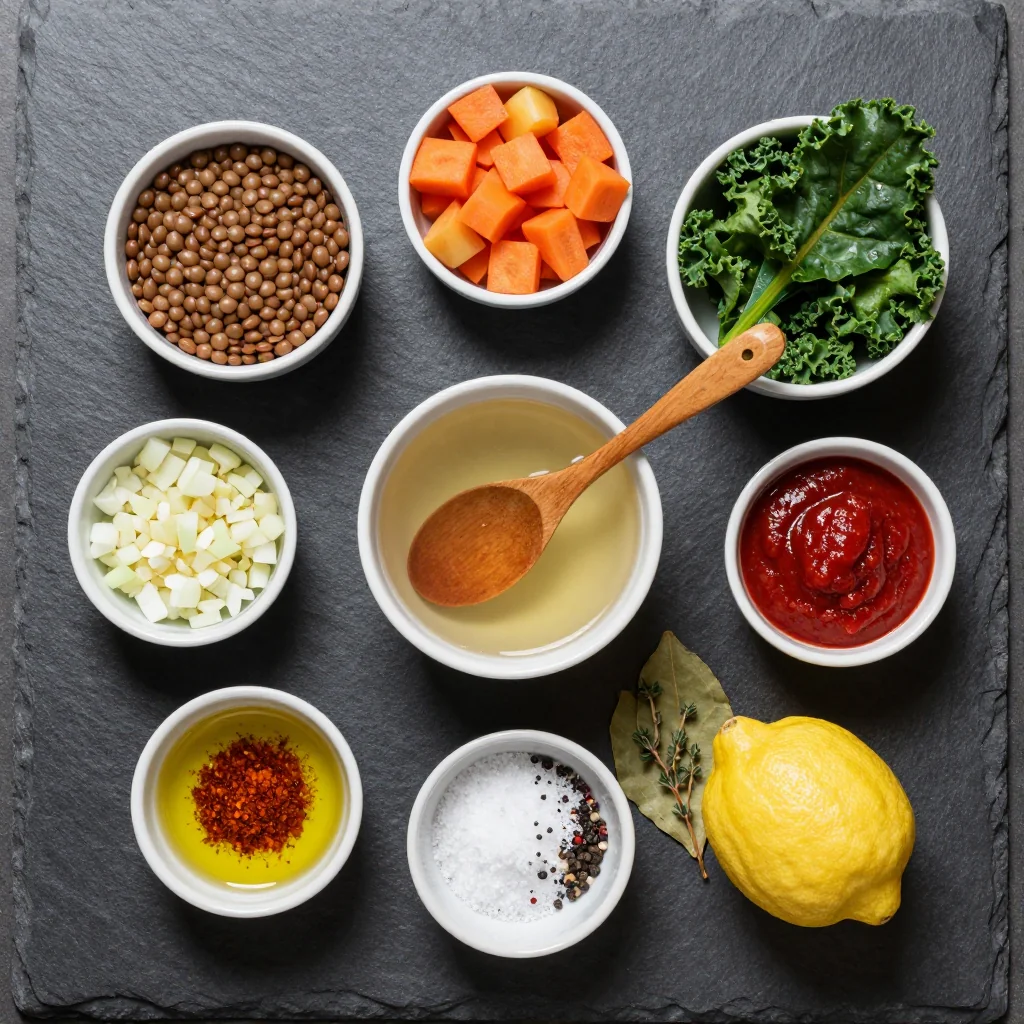 Ingredients for slow cooker lentil soup with carrots potatoes and fresh winter greens