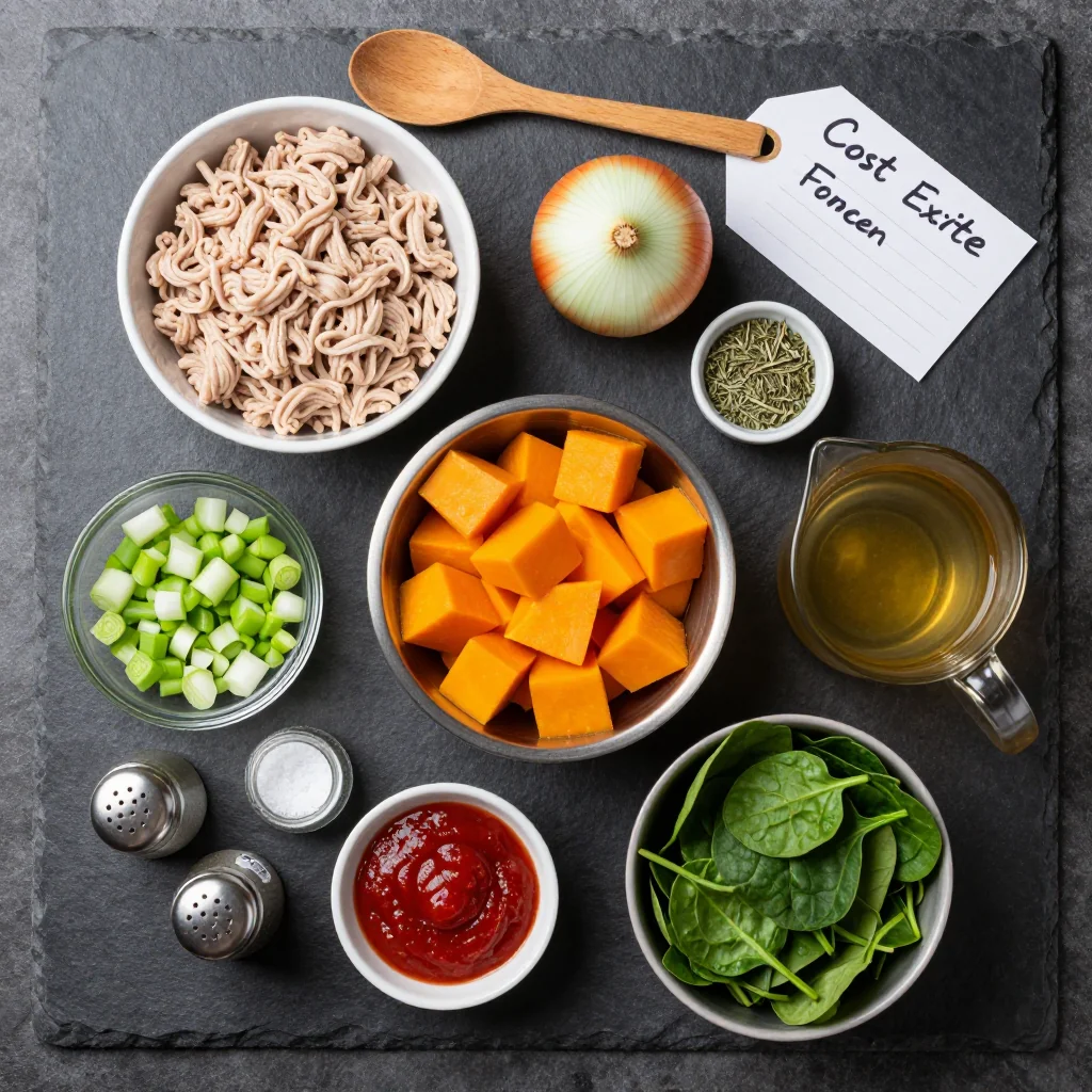 Ingredients for slow cooker turkey and winter squash stew for budget friendly dinners