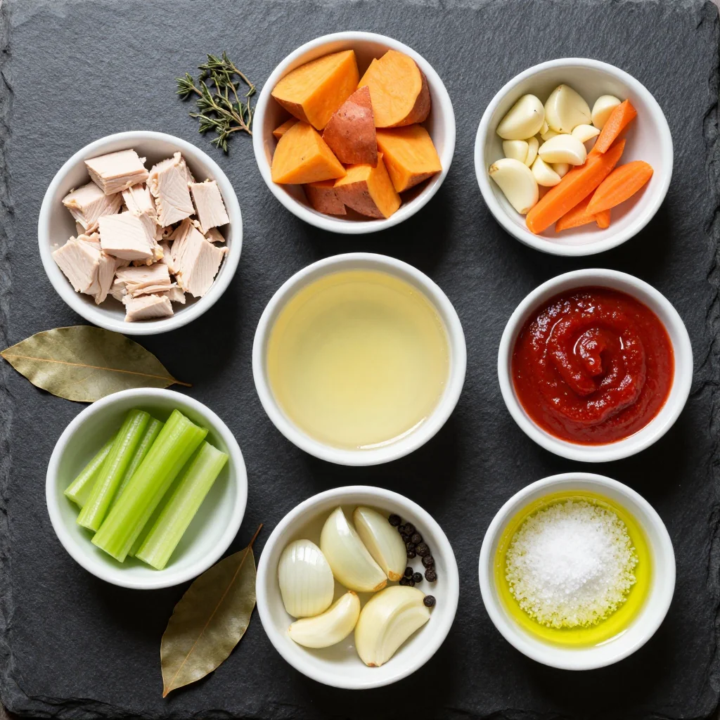 Ingredients for slow cooker turkey stew with sweet potatoes and garlic for family meals
