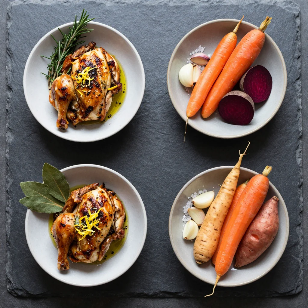 Ingredients for slow roasted herb chicken with root vegetables for cozy dinners