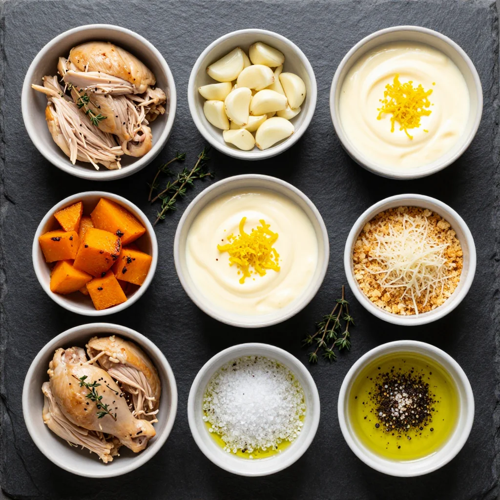 Ingredients for slowcooked chicken and winter squash casserole with garlic and lemon zest