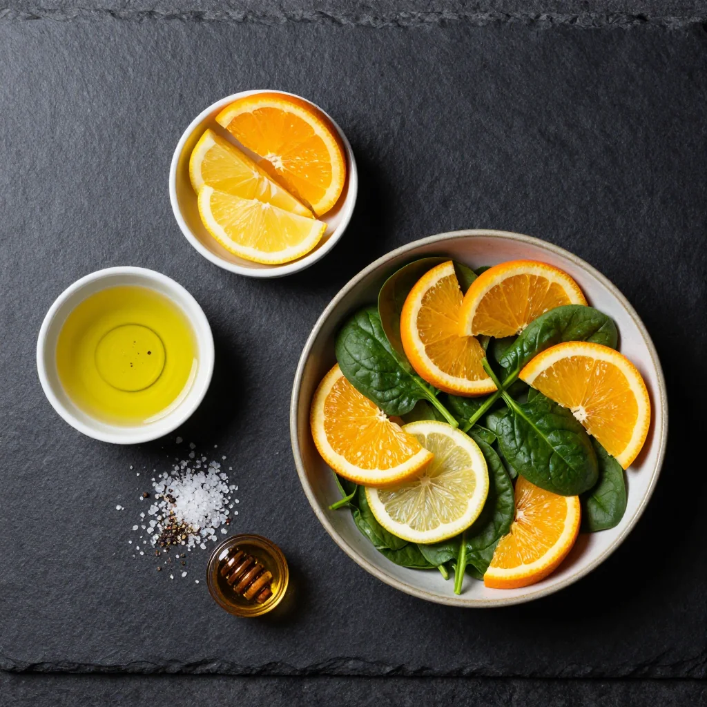 Ingredients for warm citrus and spinach salad with orange and lemon for refreshing mornings