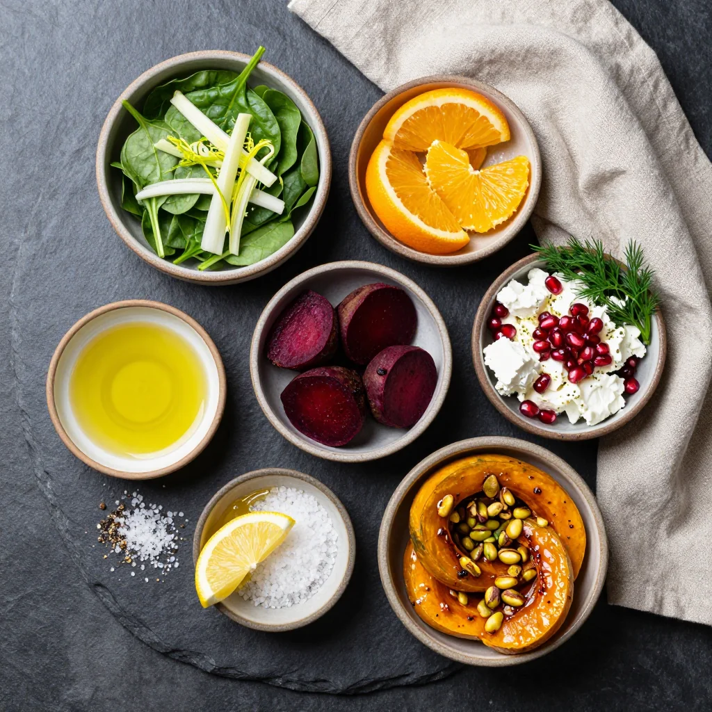 Ingredients for warm citrus and spinach salad with roasted beets and winter squash