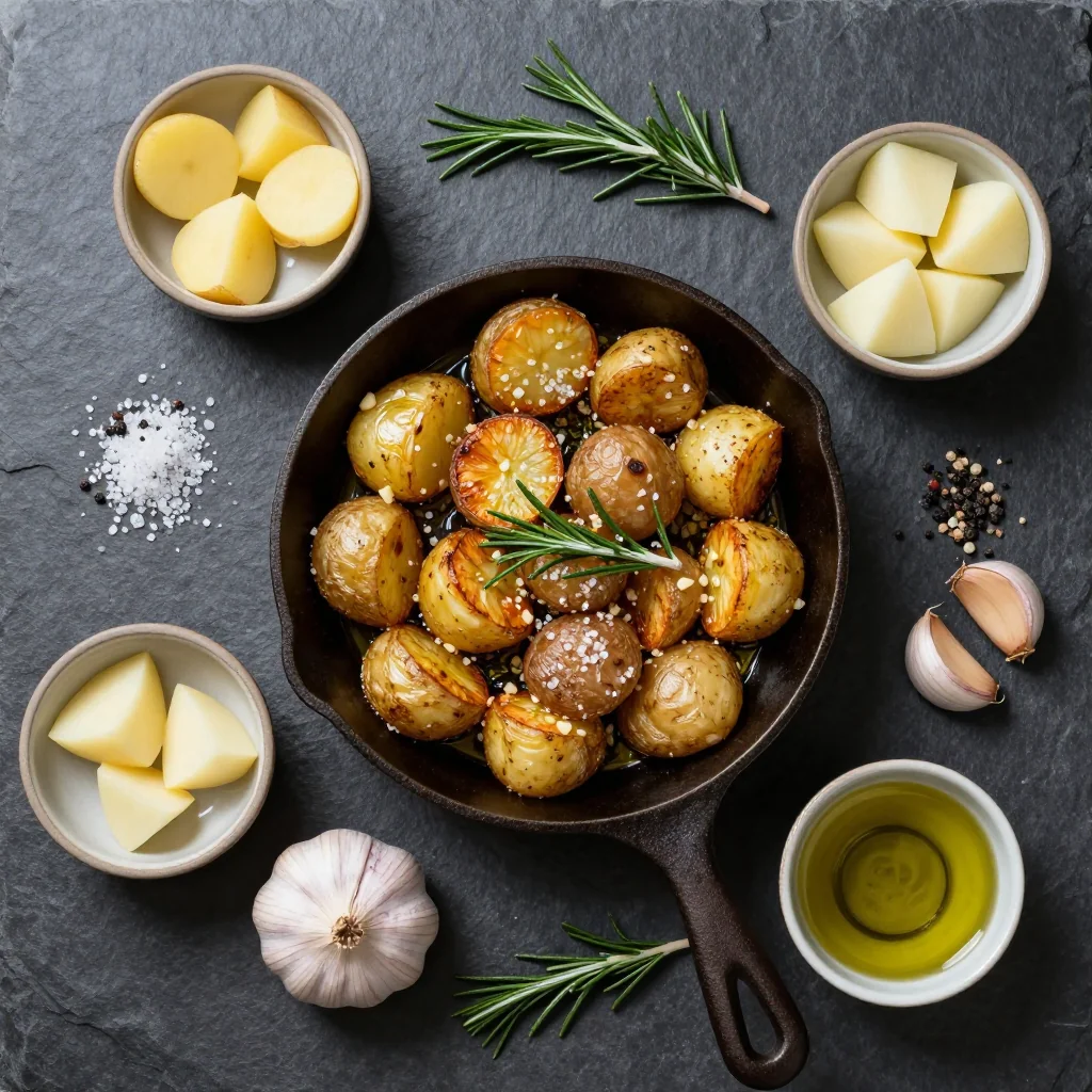 Ingredients for warm garlic roasted potatoes and turnips with fresh rosemary for winter