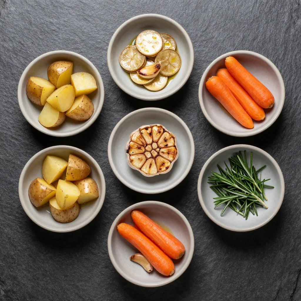 Ingredients for warm garlic roasted winter vegetables with potatoes and root veggies
