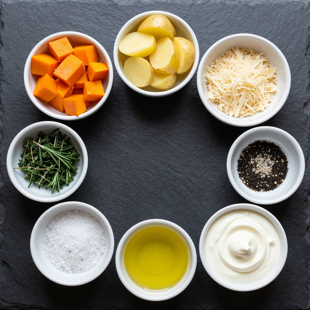 Ingredients for warm winter squash and potato gratin with fresh herbs for cozy meals