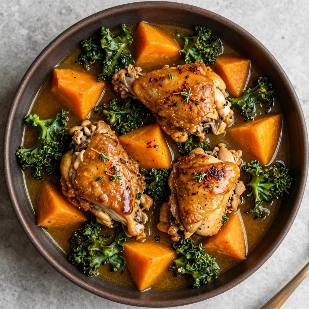 batch cook chicken stew with sweet potatoes and kale for easy meals
