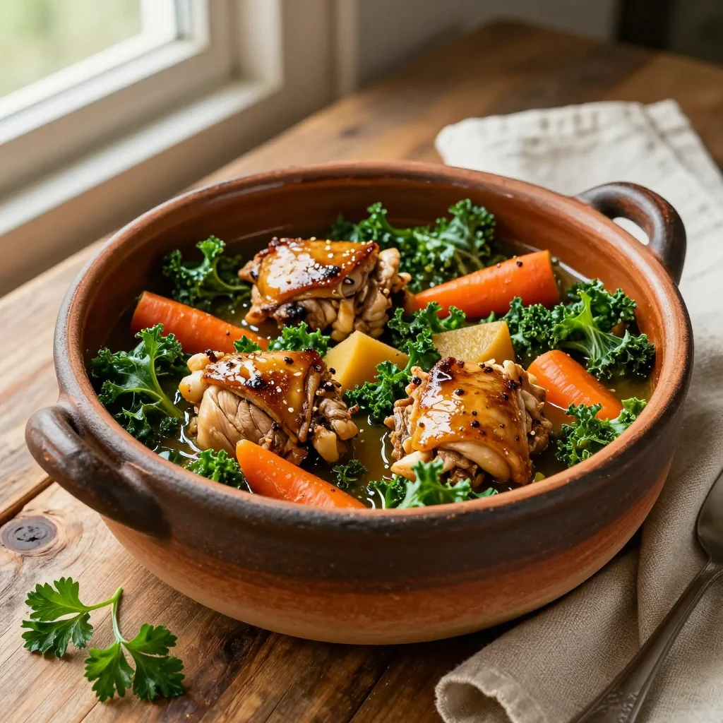 batch cook healthy slow cooker chicken and kale stew with root vegetables